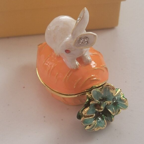 Adorable Bunny Rabbit and Carrot White and Orange Tiny Trinket Box - Picture 2 of 6